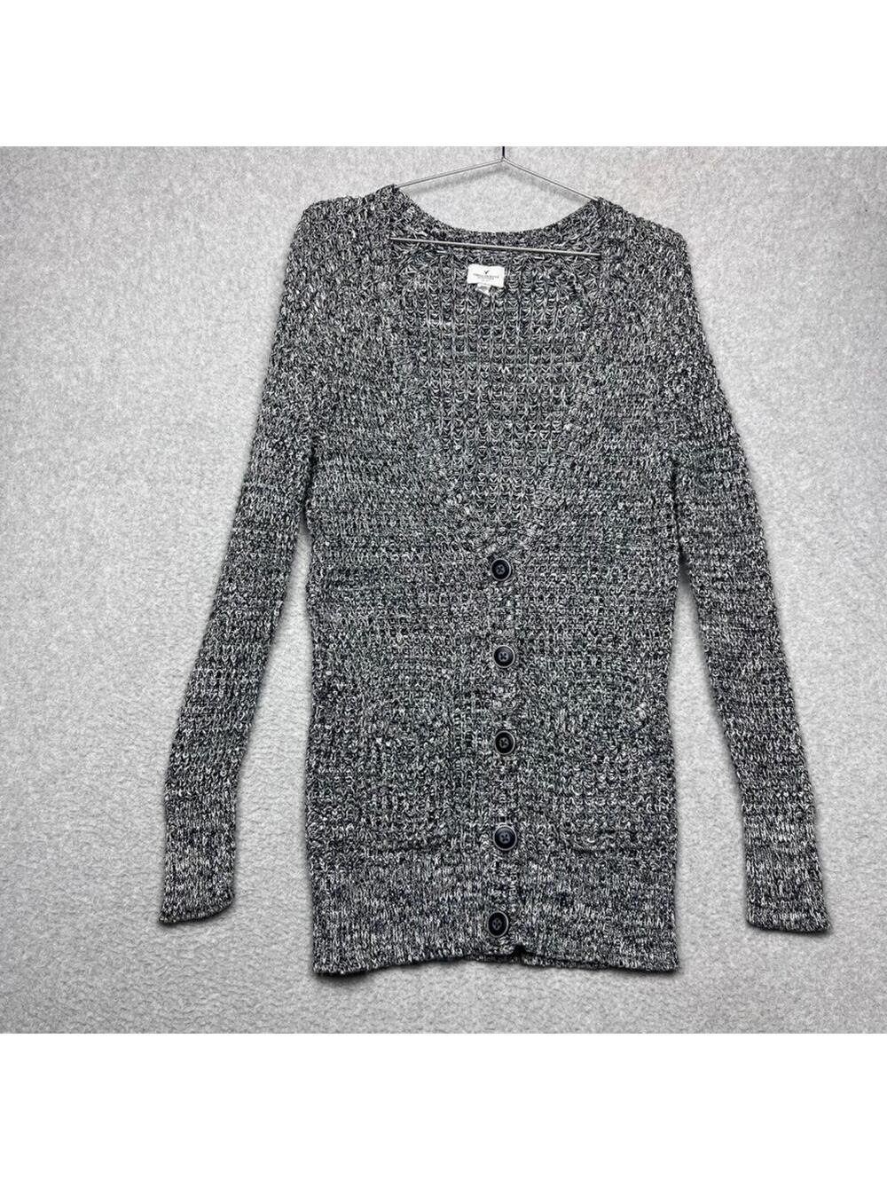 American Eagle Marled Knit Cardigan Black White V-Neck Button Up Grandpacore M